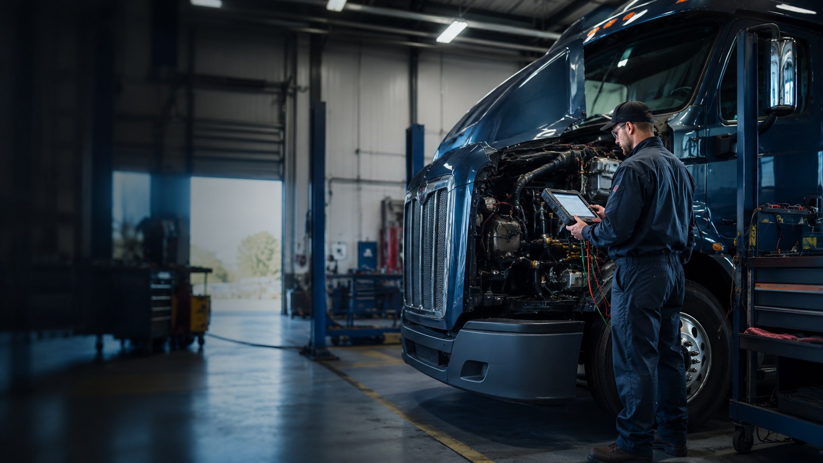 Truck electrical diagnostic service in a modern garage